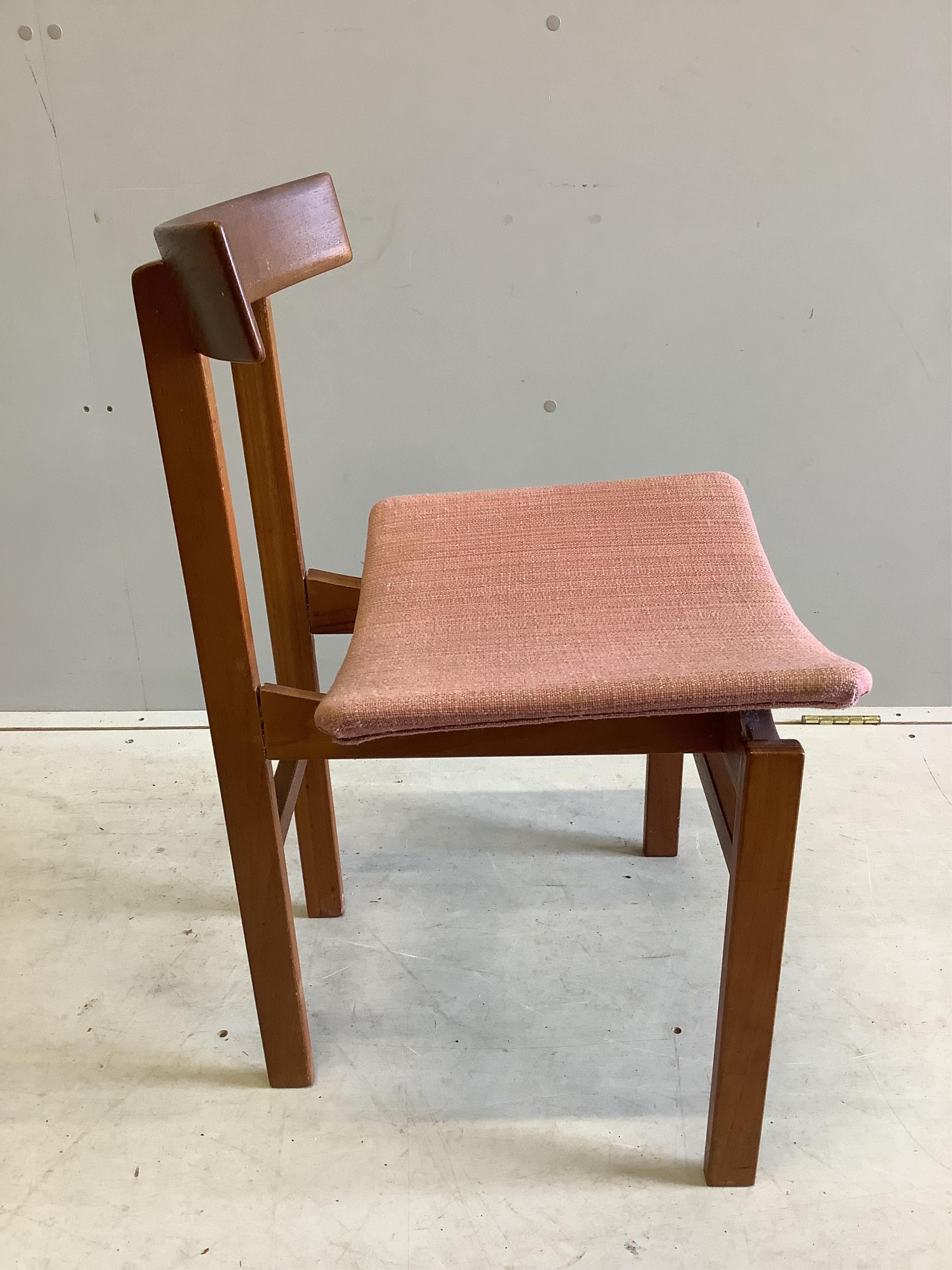 Five mid century Danish teak dining chairs by France & Sons, designed by Inger Klingenberg and purchased from Liberty in 1962, width 47cm, depth 48cm, height 74cm